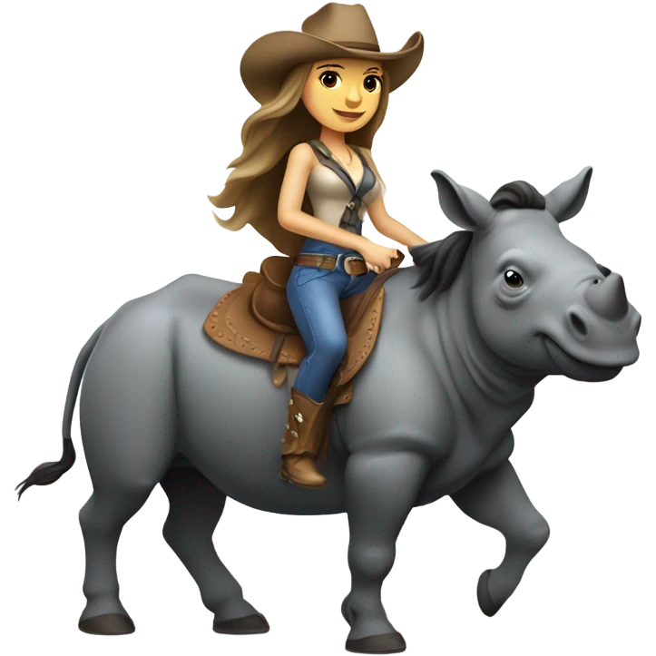 Caucausian woman with long hair with a cowboy hat and she’s riding a rhinoceros emoji