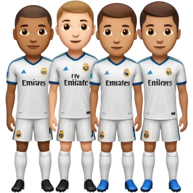 apple style emoji of Real Madrid and Barcelona football players including famous players like Mbappe, Ronaldo, Neymar, and Messi standing together saying funny phrases emphasizing team spirit and rivalry emoji