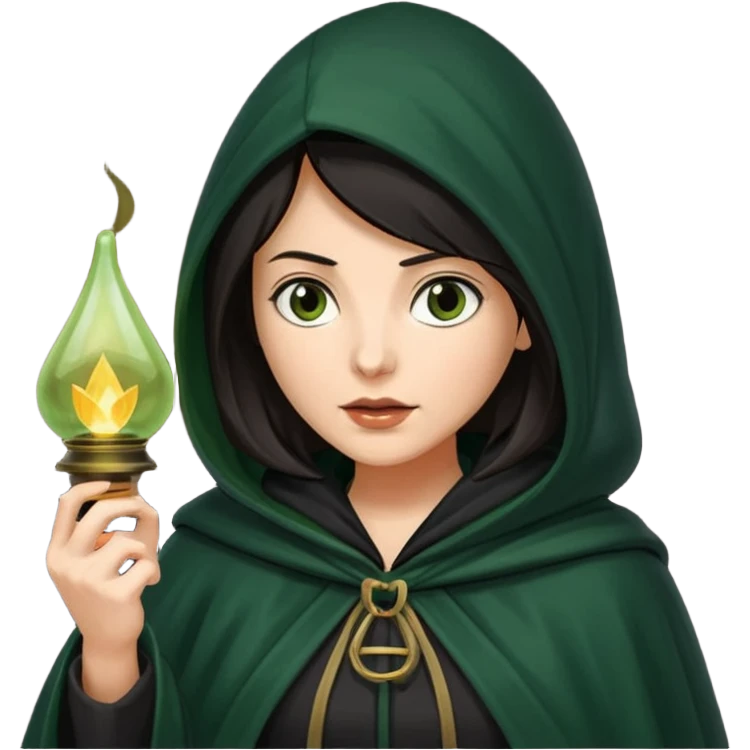 traitor tv show, dark haired woman wearing dark green cloak with hood up who looks very evil and is holding up a lantern emoji