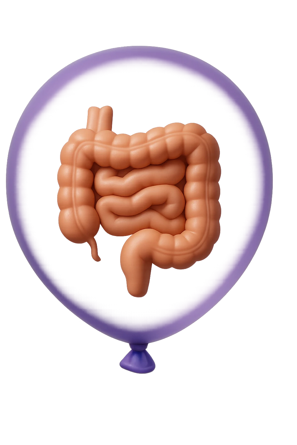 EMOJI STILE IPHONE 3D DI UN INTESTINO CHIUSO IN UN PALLONCINO CHE SIMBOLEGGIA GONFIORE, IPERREALISTICA 4K emoji