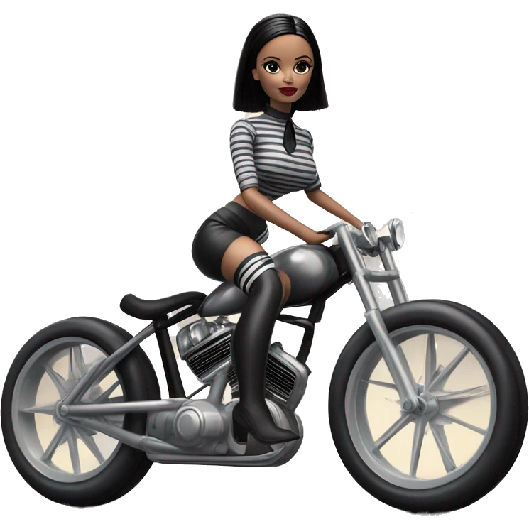 Jeffery New York Lingerie Barbie white Wednesday Addams from academy in vertically striped gray and black outfit. riding a wheelie on a hot rod bike emoji