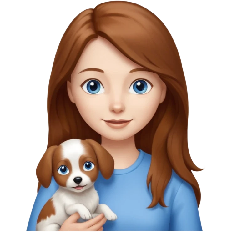 long hair chestnut color blue eyes woman holding small just white dog emoji