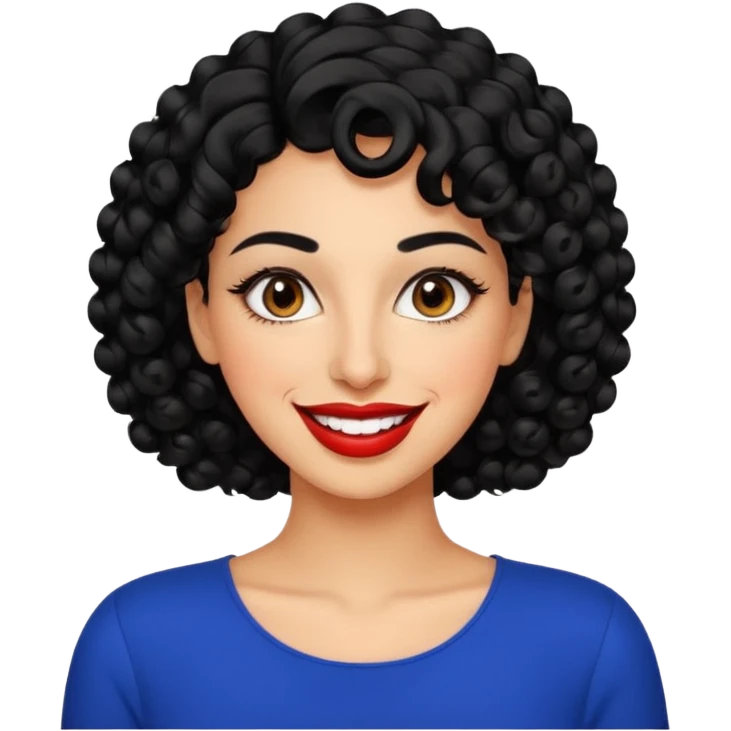 30 year old iranian woman very short curly black hair, big brown eyes, tanned skin, big smile, white teeth, pretty, stylish emoji