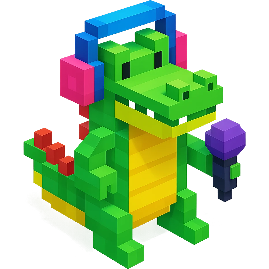 crocodile with headphones holding a microphone, isometric view, voxel style emoji