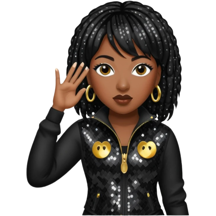 Missy Elliott with jet black hair, black sequin outfit emoji