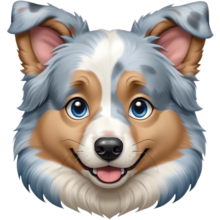 Cinematic Comical Tan Point Blue Merle Australian Shepherd Portrait Emoji, Head tilted dramatically with an exaggeratedly shocked or offended expression, short blue merle fur with striking tan points and white accents, wide, expressive blue eyes filled with exaggerated disbelief, Simplified yet hilariously expressive features, highly detailed, glowing with a slightly sassy glow, high shine, dramatic yet playful, stylized with an air of attitude, bright and endearing, soft glowing outline, capturing the essence of a sassy and over-the-top pup, so meme-worthy it feels like it could side-eye its way into internet fame instantly! emoji