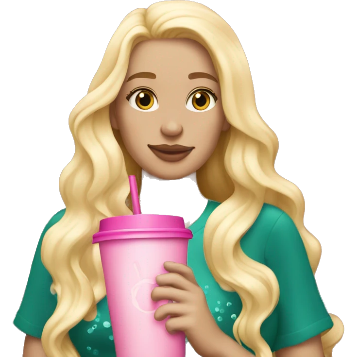 blonde mermaid drinking pink starbucks wearing a pink bow in long wavy blonde hair emoji