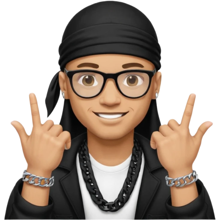 lightskin man with a black durag,a cuban link chain,glasses, and smiling flexing grills with crossed arms but with one arm up and pinky finger touching grills  emoji