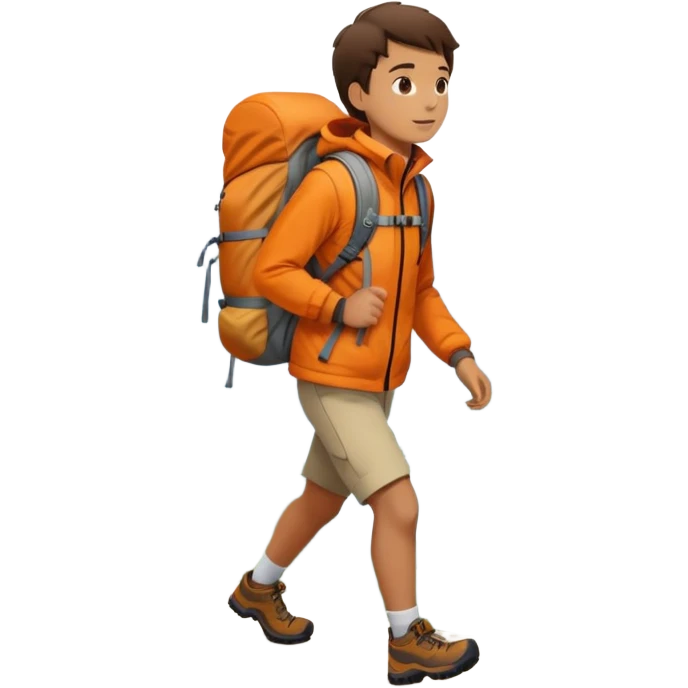 Person hiking through mountains, wearing orange jacket, carrying backpack, scenic landscape emoji