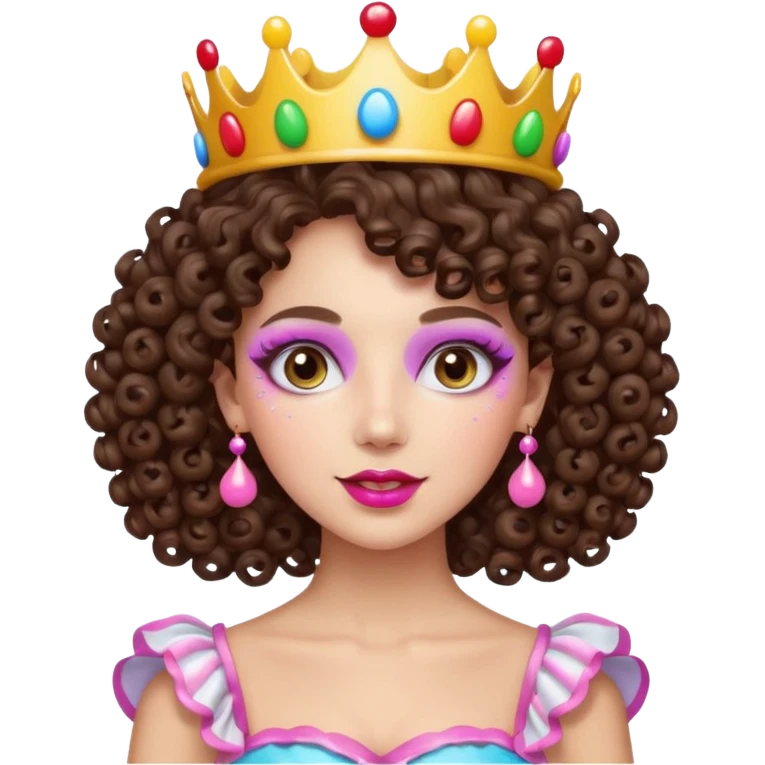 brunette curly haired queen of the candyland, with candy makeup candy crown and just face emoji
