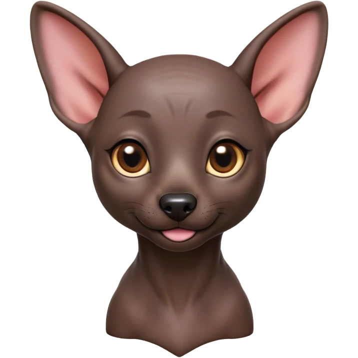 Cinematic Cute Xoloitzcuintle Portrait Emoji, Head tilted playfully and inquisitively, featuring smooth, hairless ebony skin with distinctive, artistic wrinkles, round, sparkling dark eyes filled with curiosity, Simplified yet irresistibly adorable features, highly detailed, glowing with a warm, friendly glow, high shine, affectionate and spirited, stylized with a touch of whimsy, bright and endearing, soft glowing outline, capturing the essence of a mischievous yet loving companion, so playful it feels like it could trot out of the screen and into your arms! emoji