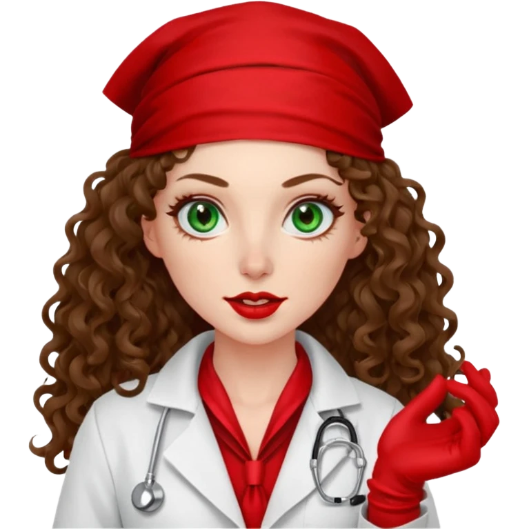 Spanish sexy evil woman. She has green eyes.  had brown long curly hair.  evil surgeon kills with needle wears red sexy doctor coat with red bandana on her mouth and nose to hide and wearing red gloves.  emoji