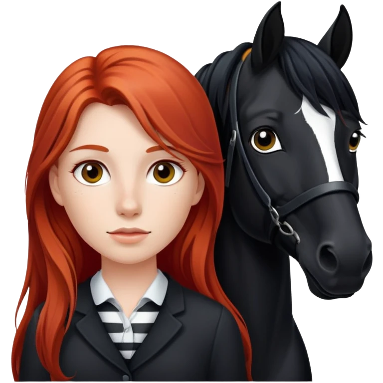 A red-haired girl with long hair with a black horse who has a white stripe on her face and a black mane emoji