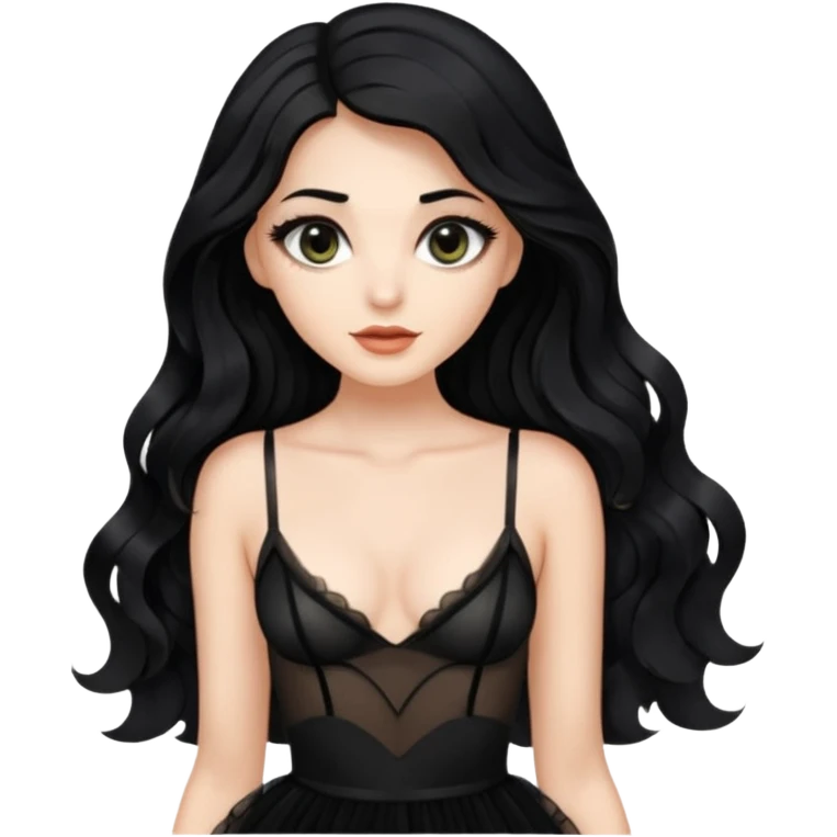 Beyaz tenli siyah tül çok açık elbise giyen siyah dalgalı saçı olan çekik gözlü  emoji