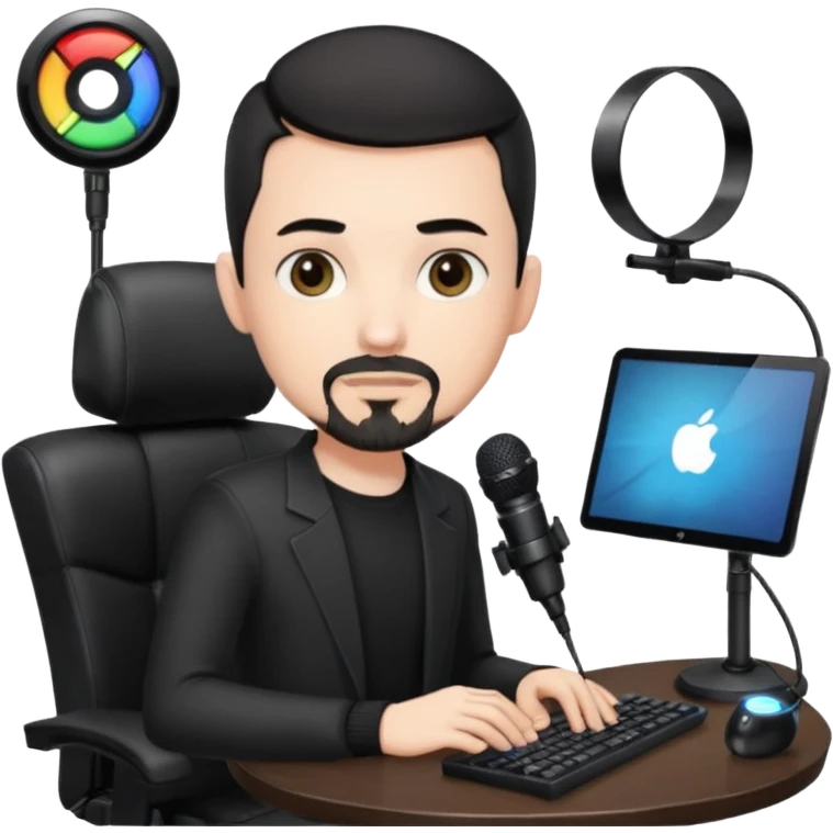a setup of a youtuber, white skin, thin goatee, black short hair, with a desktop pc on a table, a gaming chair, microphone, ring light emoji