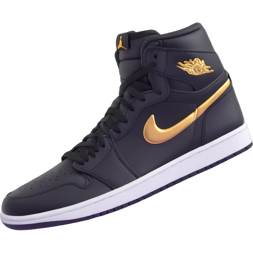 Jordan 1 sneaker, shiny black material with a metallic gold swoosh emoji