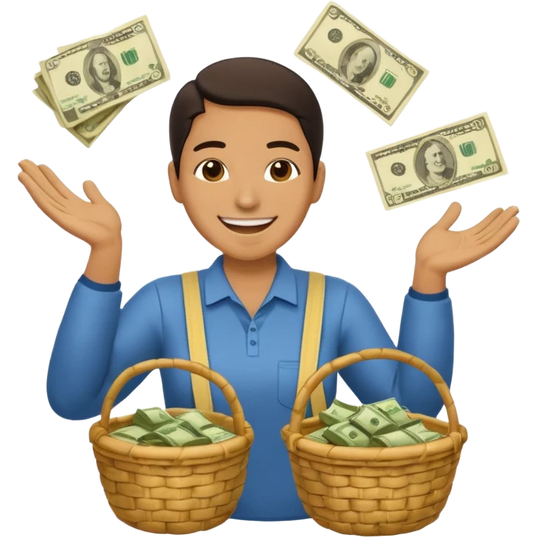 baskets, some overflowing with money, others with colombian arepas in the background a very happy person ridiculously throwing money around emoji