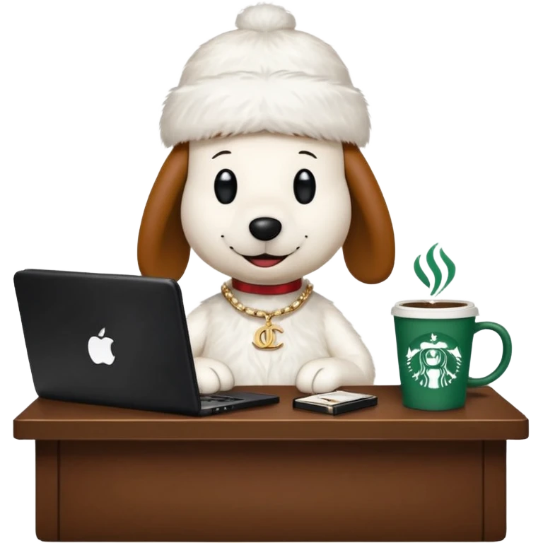 snoopy in a desk with starbucks and his chanel purse emoji