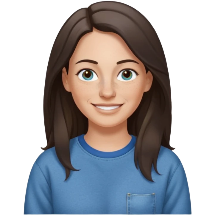 A 38 year old white woman with long dark brown hair parted in the middle. She has a nose ring. She has freckles and is wearing a sweatshirt and jeans smiling emoji