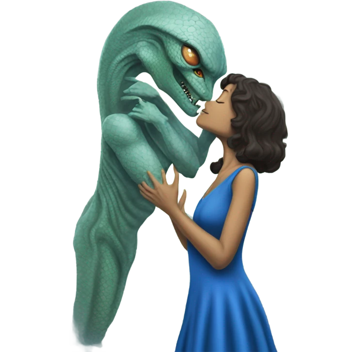 a Reptilian alien woman, in blue dress,  kissing morfeo emoji