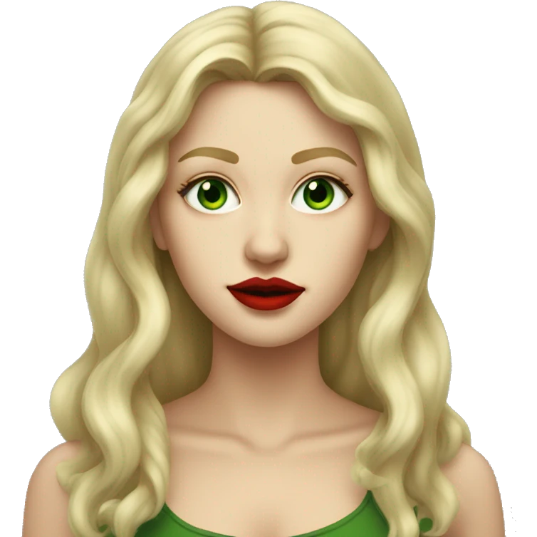 A tall, long-haired blonde girl with green painted eyes, red lips, in the style of old many emoji