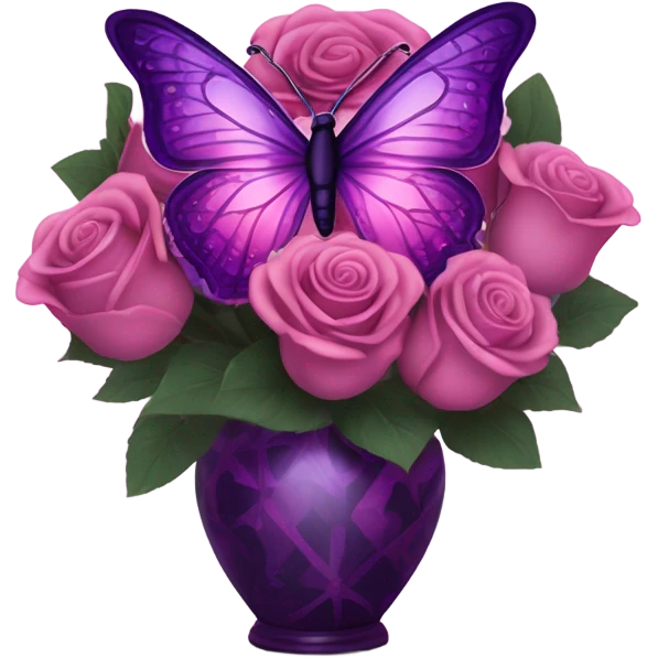 Aesthetic butterfly with purple and pink wings sitting on a dark purple bouquet of Roses in a pastel pink vase emoji