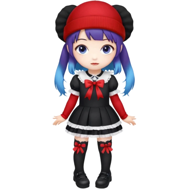 Chibi kawaii, violet eyes, black-blue twin tails, red ribbons, red beanie, black & white lolita dress with red accents, white thigh-highs, black mary janes, cute aesthetic. emoji