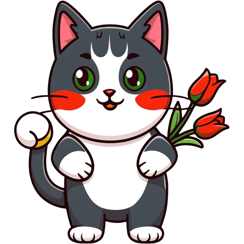 tricolor fluffy cat with big green eyes holding red tulips in her arms emoji