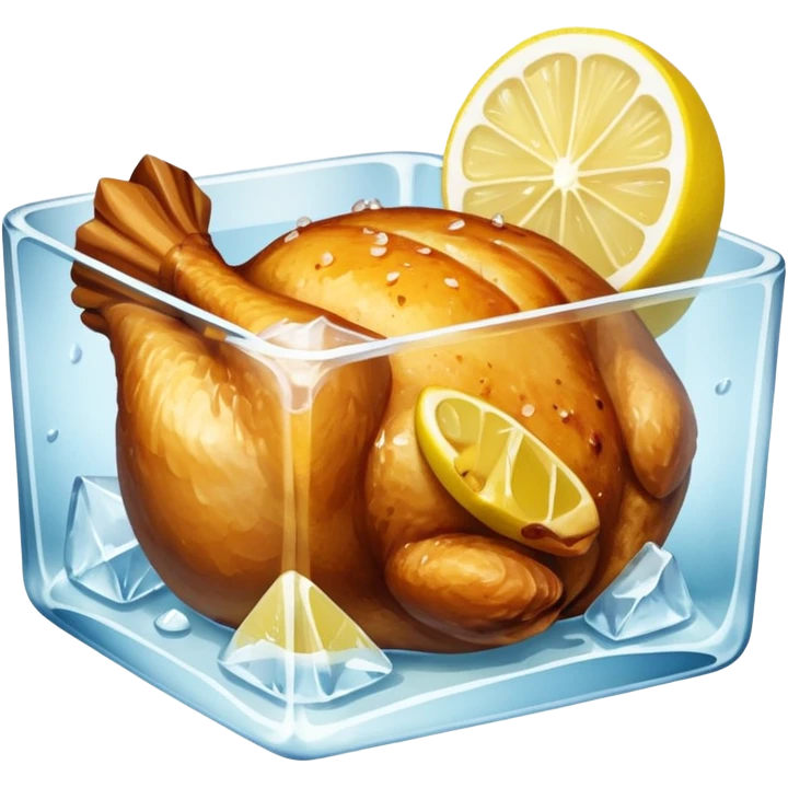 a baked chicken dish with lemon wedges in a large ice cube emoji
