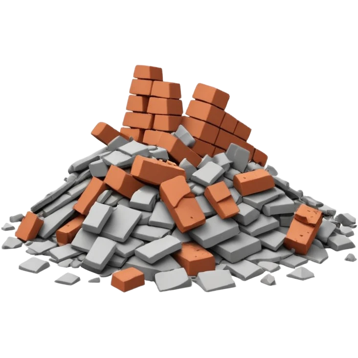 3D iPhone style emoji of a pile of bricks, roof pieces, and wall rubble, scattered and broken, isolated on white background, soft shadows, high detail, playful and cute emoji
