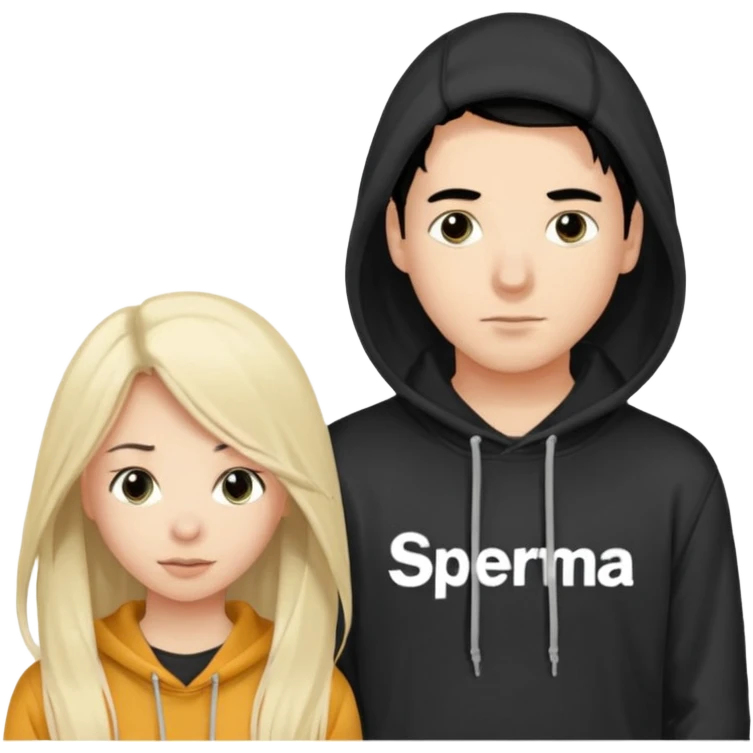 I want it to be this emote 🙍‍♂️
of a guy with black hair and a black sweatshirt with the word "sperma" written in white in the middle. Behind him, there's a pretty blonde with long hair, pulling the string on the first person's hoodie. The girl is wearing a gray sweatshirt. emoji
