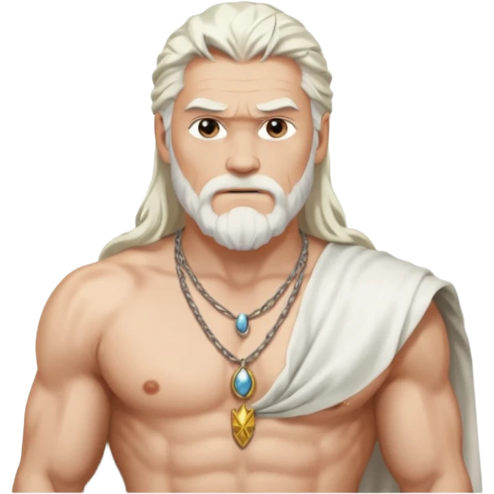 Odin with long white hair, white loincloth, shirtless with necklace emoji