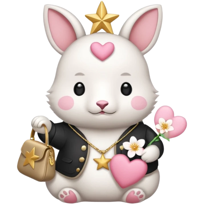 GENERATE ME A MOMONGA WHITE ANIMAL  FROM CHIIKAWA AND PUT A SAKURA FLOWER ON HIS HEAD AND A STAR PELT ON HIS BELLY AND A HEART PURSE ON HIS ARM WITH HIS FACE emoji