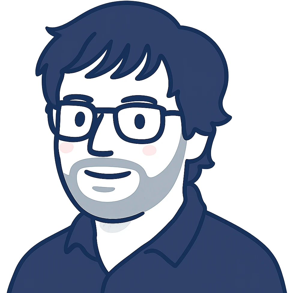 A man with glasses, stylishly messy longer hair with cool well-defined bangs, a naturally round face shape, and a broader nose. Use dark blue colors for the main outlines and details, subtle pink highlights only on the cheeks, and gray only for the short beard and shadow details where necessary. emoji