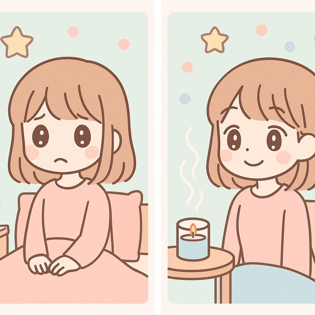 a girl in a bedroom, looking sad, then smelling a scent like from a candle or diffuser, her mood changing to relaxed, anime style emoji