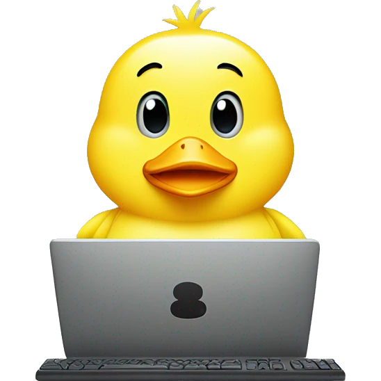 Cute yellow duck  behind computer writing code emoji