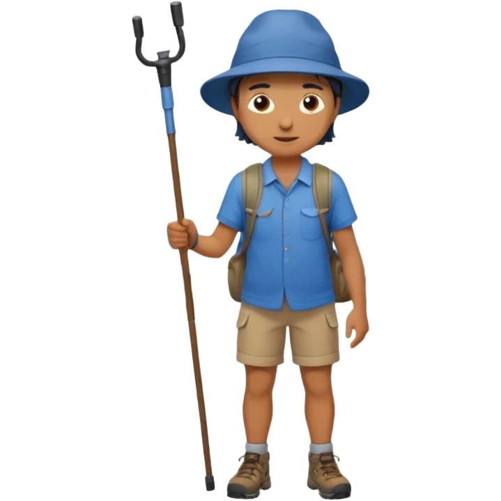a full-body hiker with a hat blue shirt and hiking stick.hiking a mountain emoji