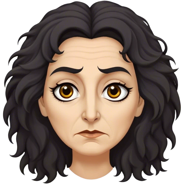 Mirri Maz Duur is a weathered, age 50 woman with deep-set dark eyes, high cheekbones, and a sharp nose, giving her a stern, knowing expression. Her long, unkempt dark frizzy hair  falls loosely over her shoulders emoji