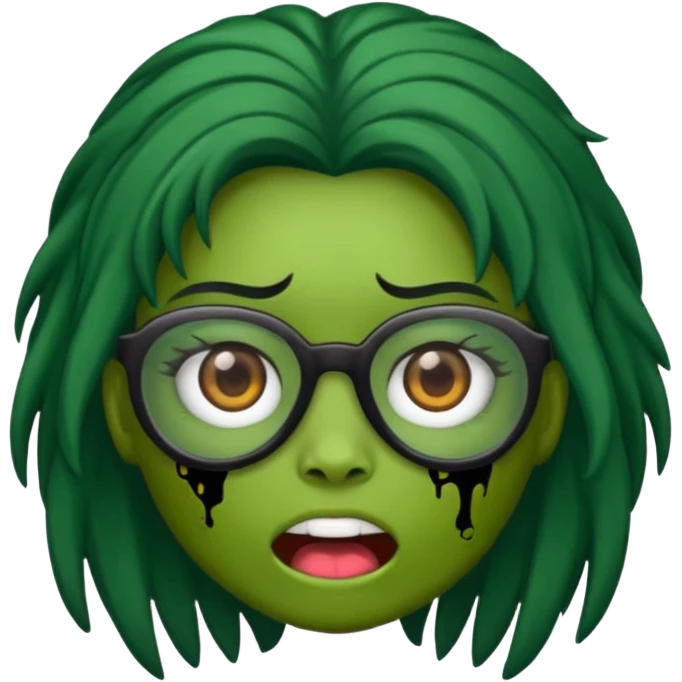 crie um emoji de zumbi feminino, com pele verde, óculos preto e cabelo longo preto emoji