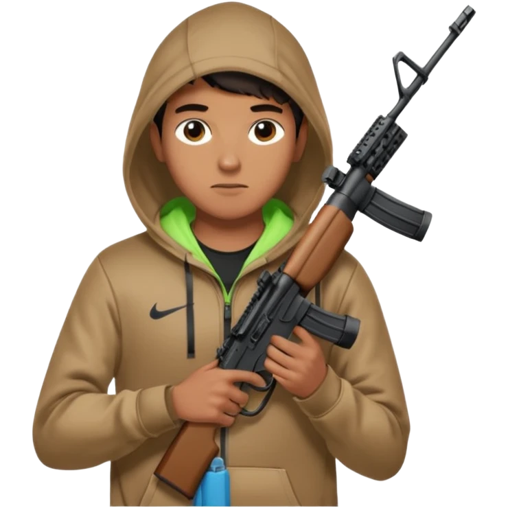 
Fais moi un jeune taliban qui ressemble qui tient une AR15 avec un hoodie a capuche, capuché, avec la cagoule nike therma fit hood emoji
