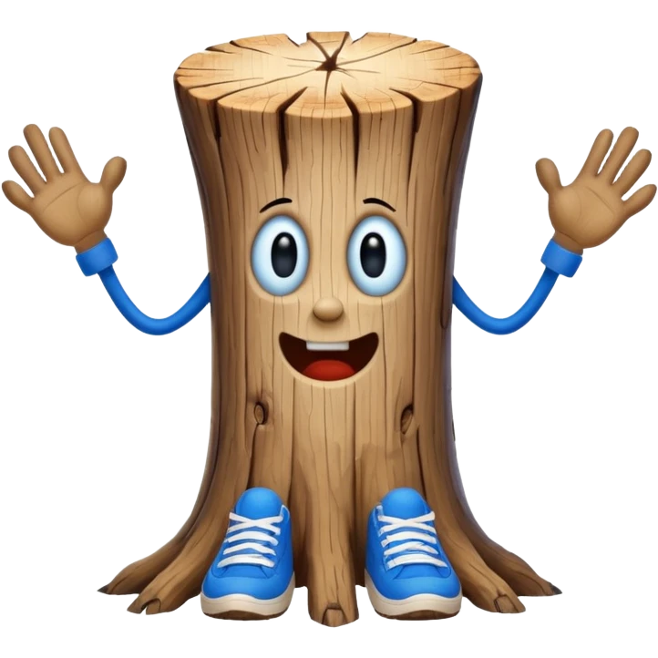 creepy long wooden stump character with arms and legs, wearing blue sneakers emoji