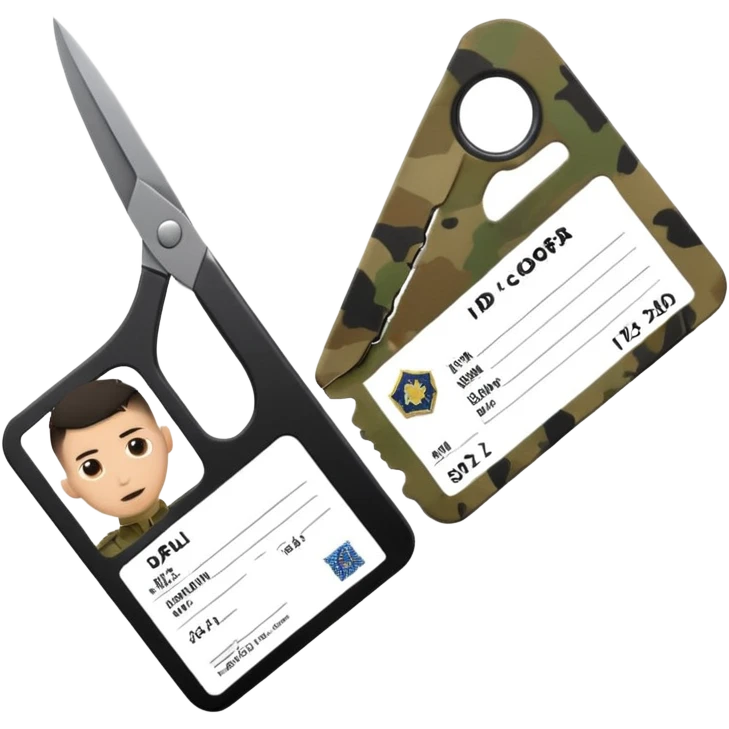 Floating black Scissors cutting in half an idf soldier ID card in 2 parts .hyper realistic emoji