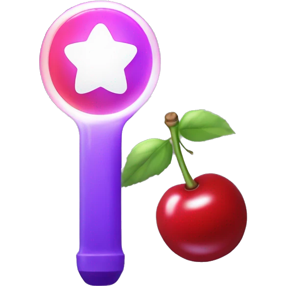 Kpop Lightstick with a red cherry shaped light and the white handle with the word CHERRIES in purple emoji