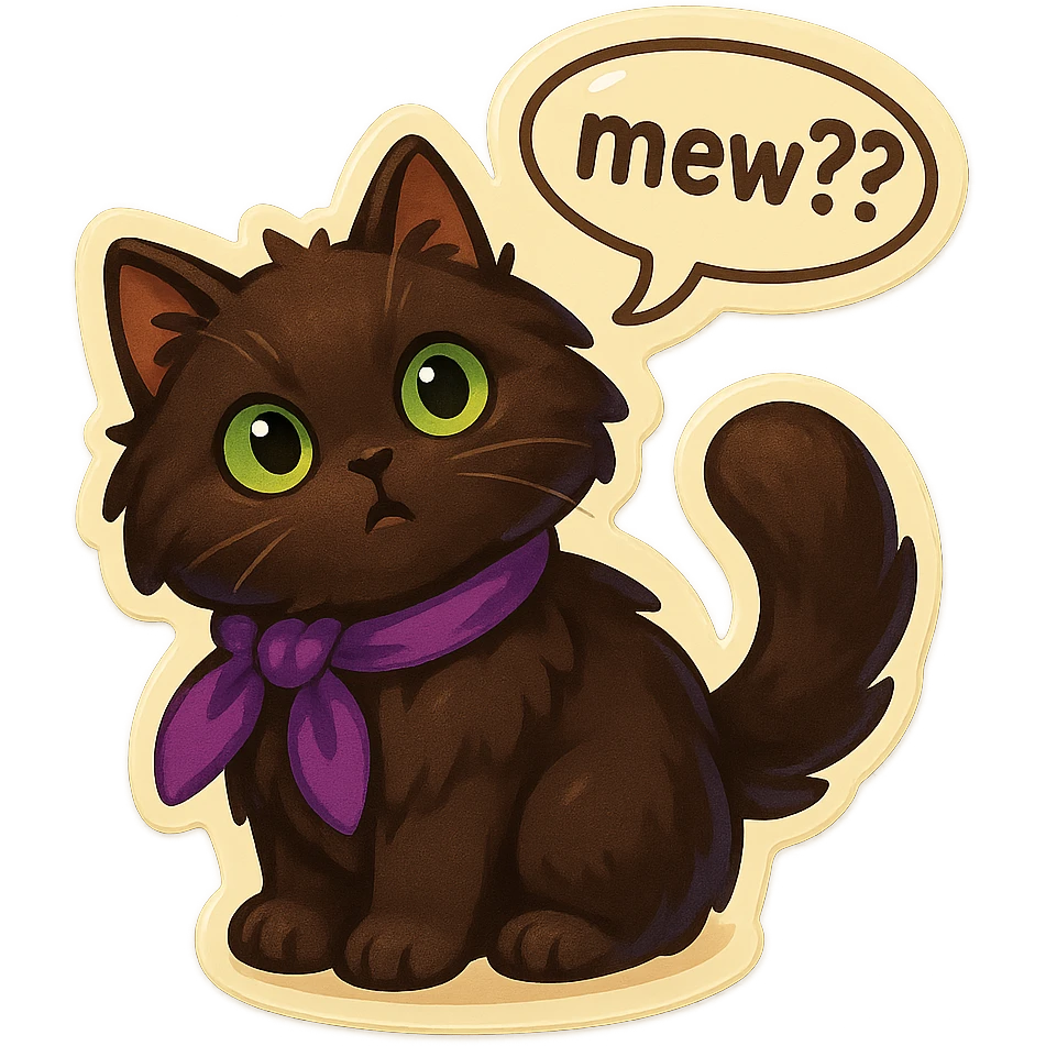 Fluffy cute curious confused dark-brown cat with green eyes and a purple scarf saying ‘mew??’ with a tilted head (With a speech bubble) emoji