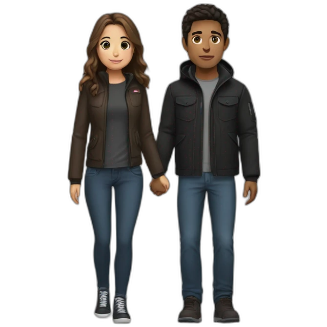 girl with a black top and jeans ,brown hair holding hands with a guy who is wearing a North face jacket  emoji