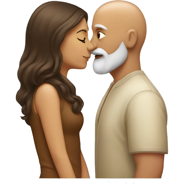 Bald bearded Indian man kissing brown haired white woman emoji