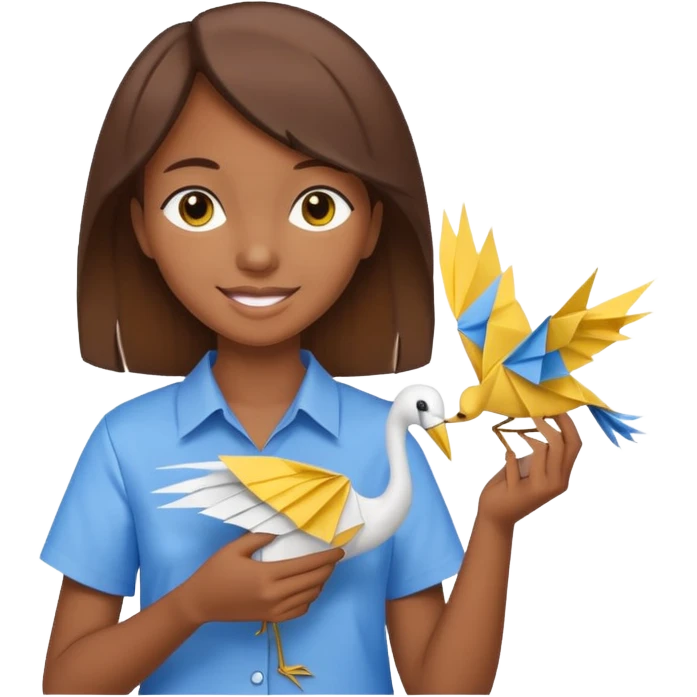 happy-african-young-girl-with-brown-hair-in-a-white-kanga-shirt-holds-an-origami-yellow-and-blue-crane emoji