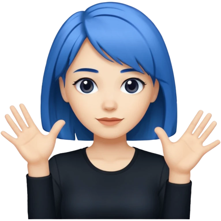 Woman with medium length blue hair doing jazz hands emoji