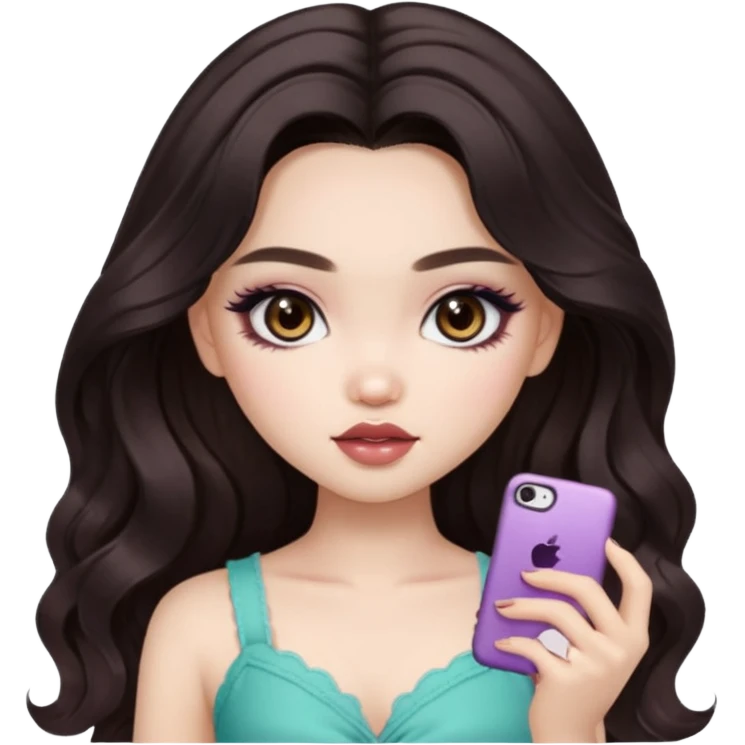 pale skin, girly bratz ASIAN vietnam baddie, beautiful dark brown eyes, pretty makeup, long dark to light ombré colored hair, wavy hair emoji