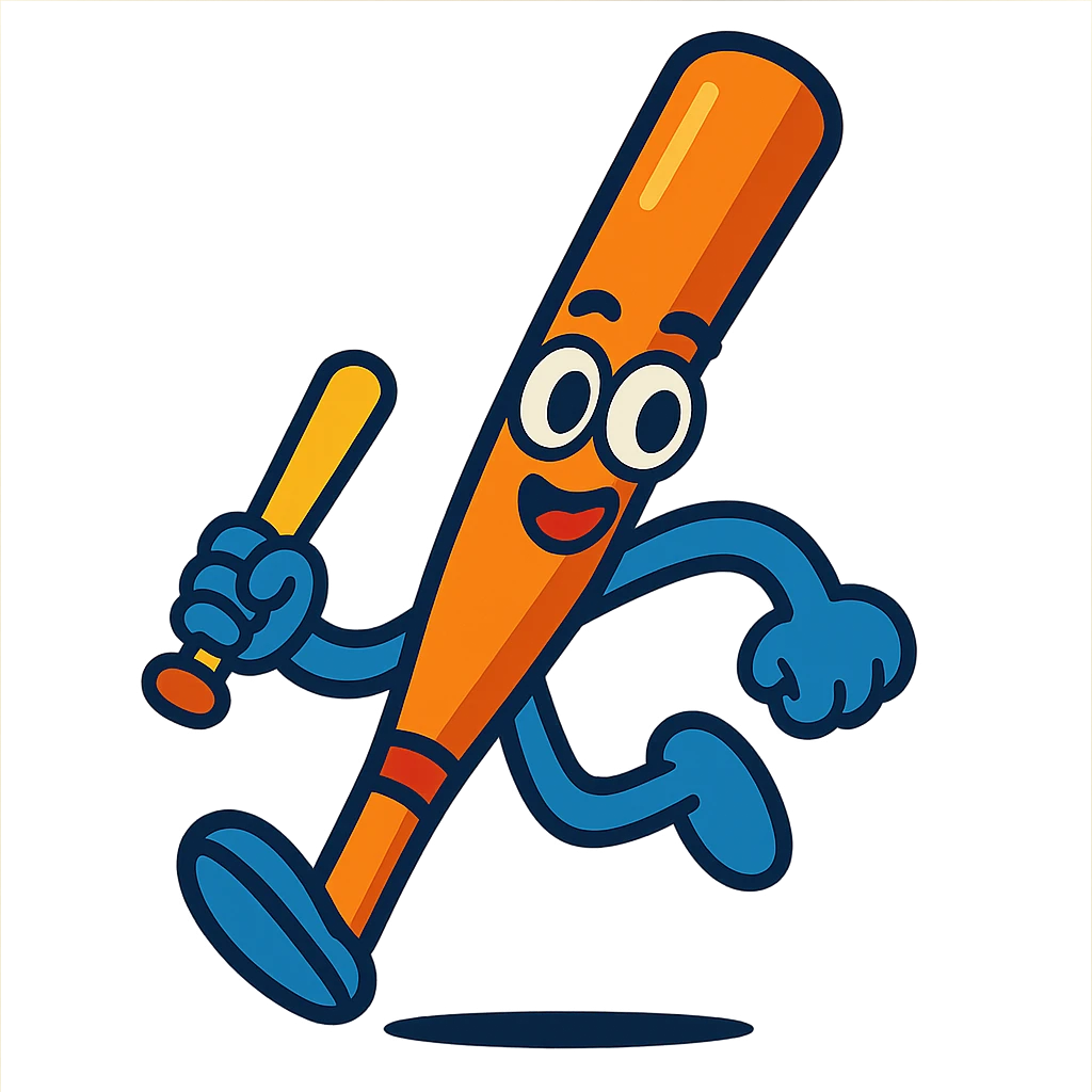 cartoon baseball bat with big eyes, two legs, and one hand gripping a bat, playful and energetic emoji